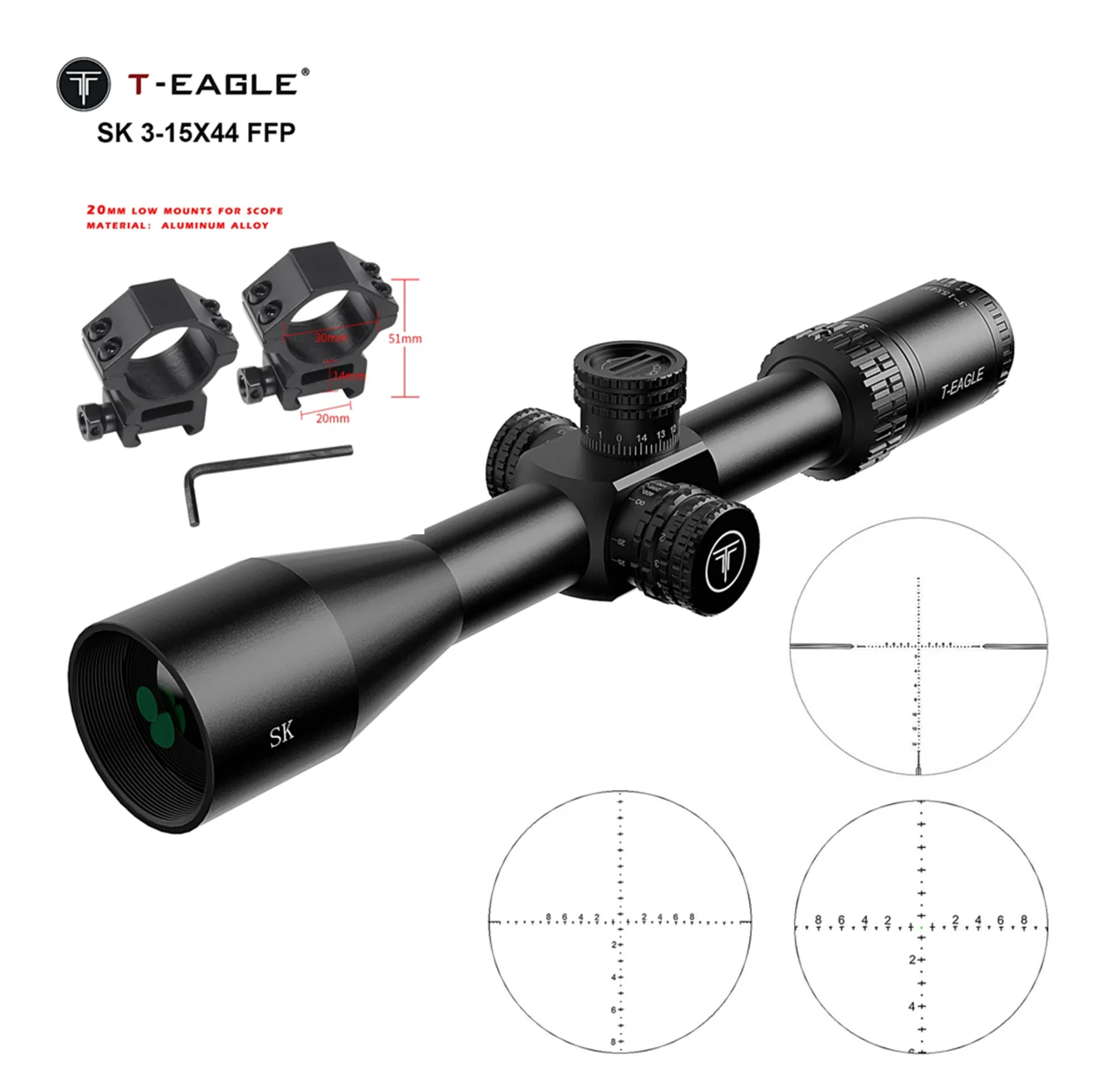 T-EAGLE SK 3-15×44 FFP Tactical Rifle Scope - First Focal Plane Illuminated Optic for Long Range Hunting