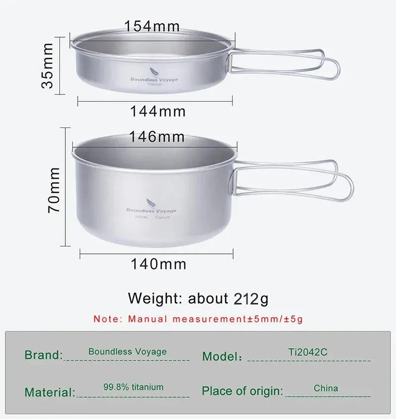BOUNDLESS VOYAGE Titanium Pot & Pan Set – Lightweight Folding Handle Camping Cookware