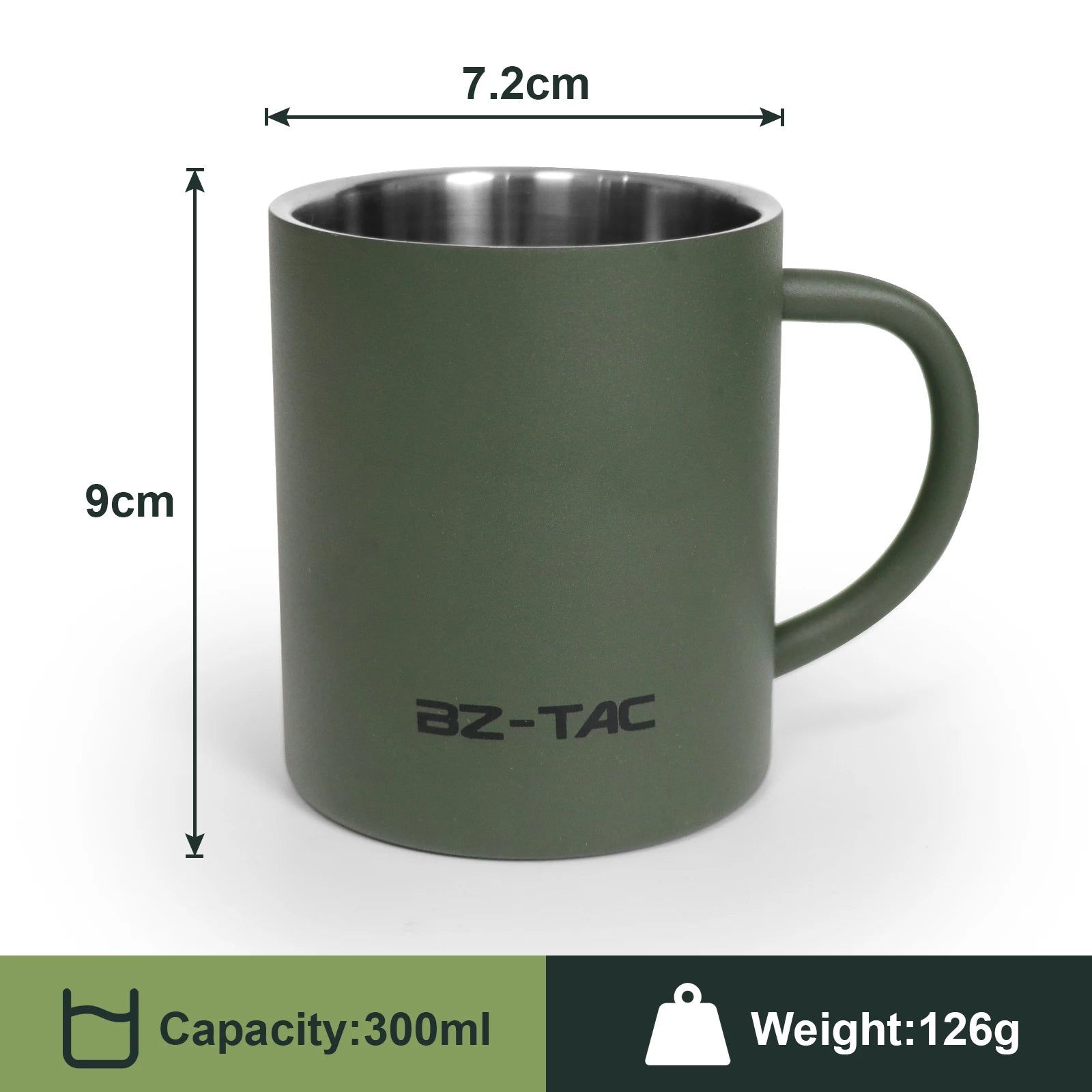 BZTAC Double Wall Stainless Steel Mug – 300/450ml Army Green Camping Cup with Handle