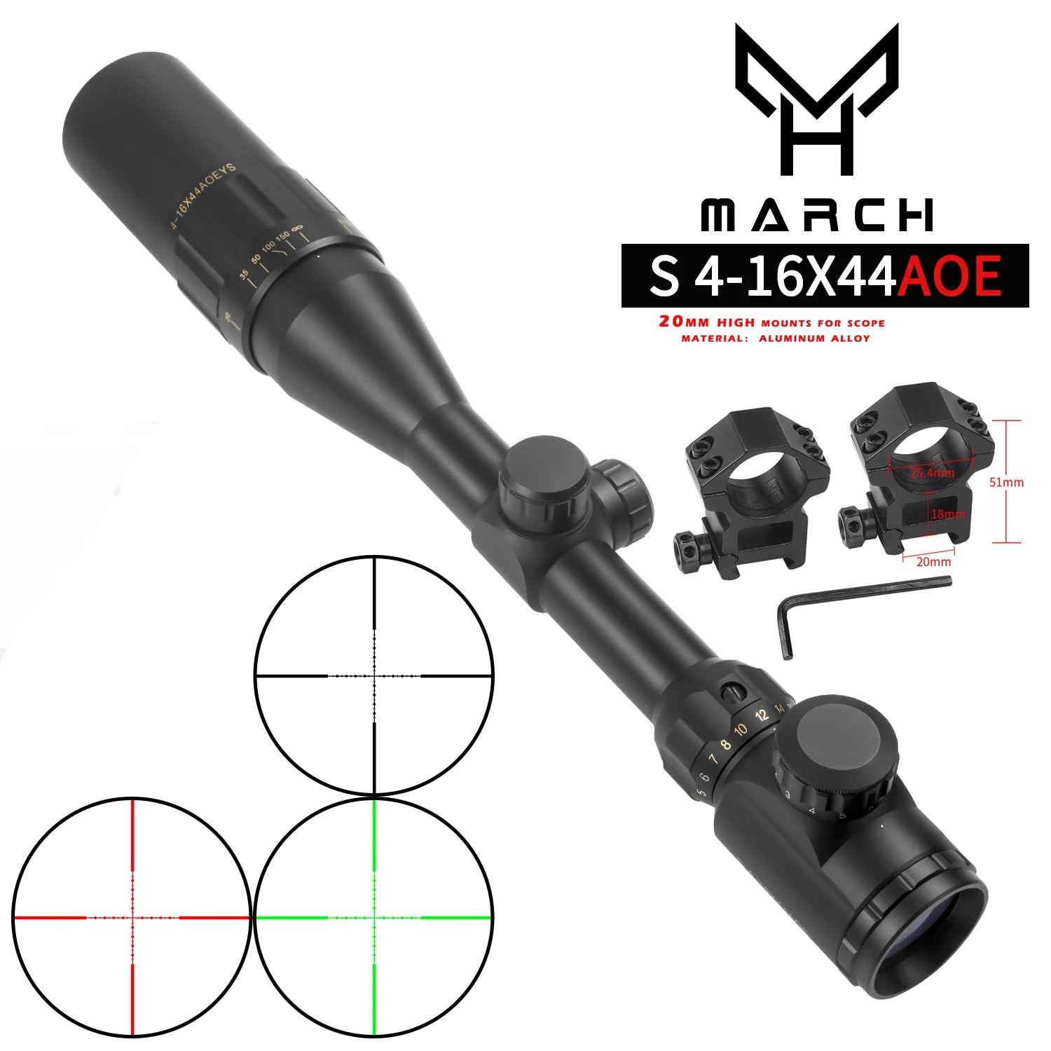MARCH S 4-16×44 AOE Tactical Rifle Scope - Illuminated Variable Optic for Precision Hunting
