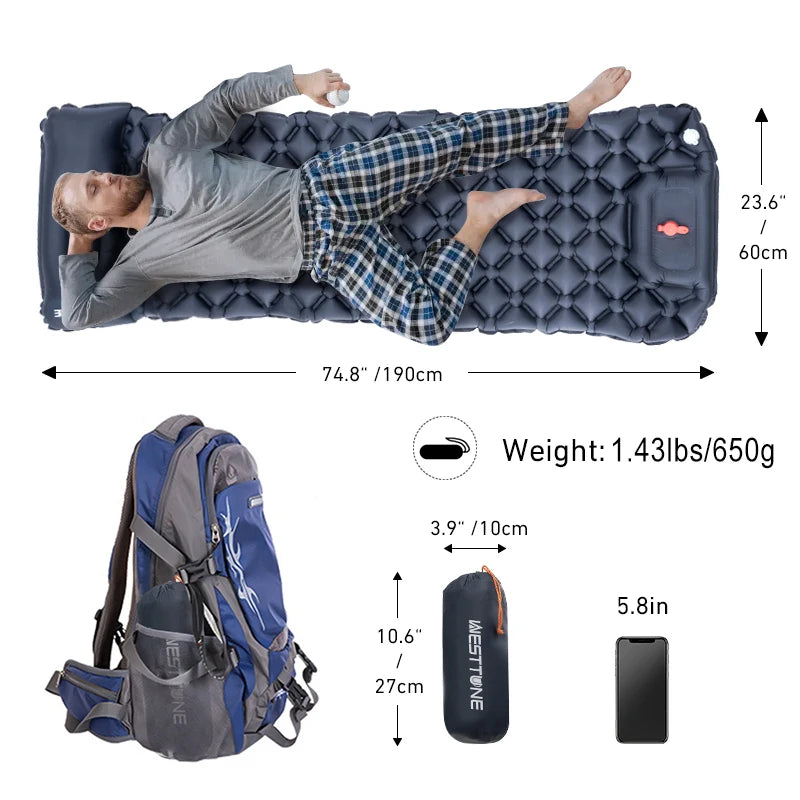 WEST TUNE Camping Inflatable Mattress Ultralight with Built-in Pump and Pillow