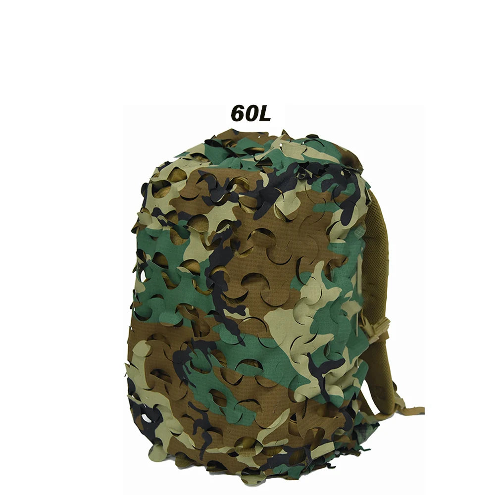 3D Camo Net Backpack Cover – Laser Cut Camouflage for Hunting & Paintball (60L/80L)