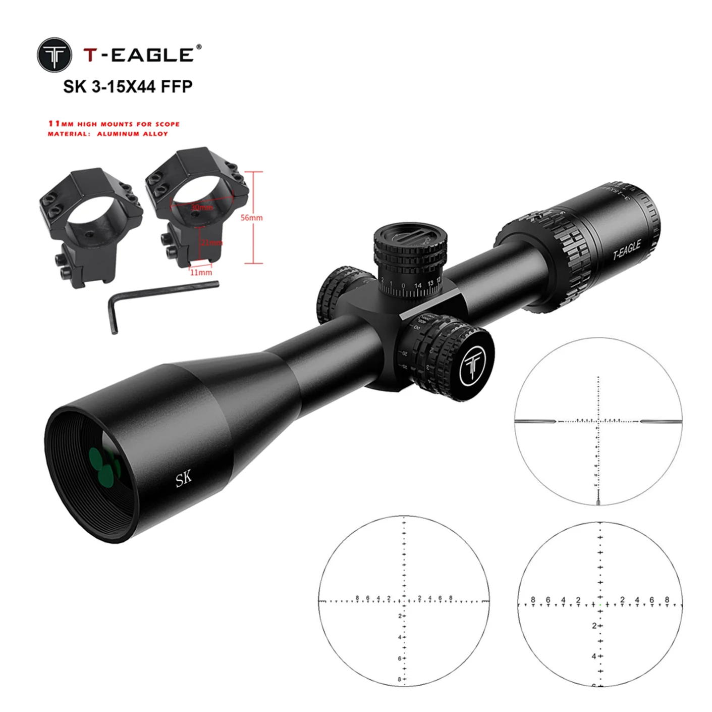 T-EAGLE SK 3-15×44 FFP Tactical Rifle Scope - First Focal Plane Illuminated Optic for Long Range Hunting