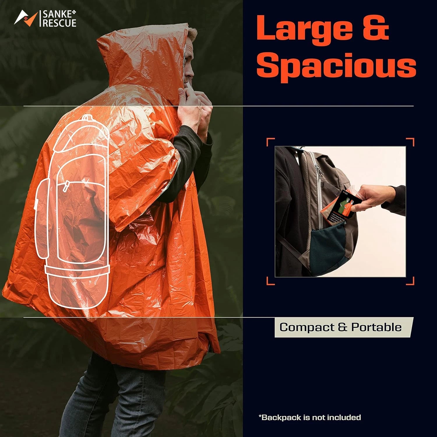 Emergency Thermal Rain Poncho with Survival Blanket for Camping and Outdoors