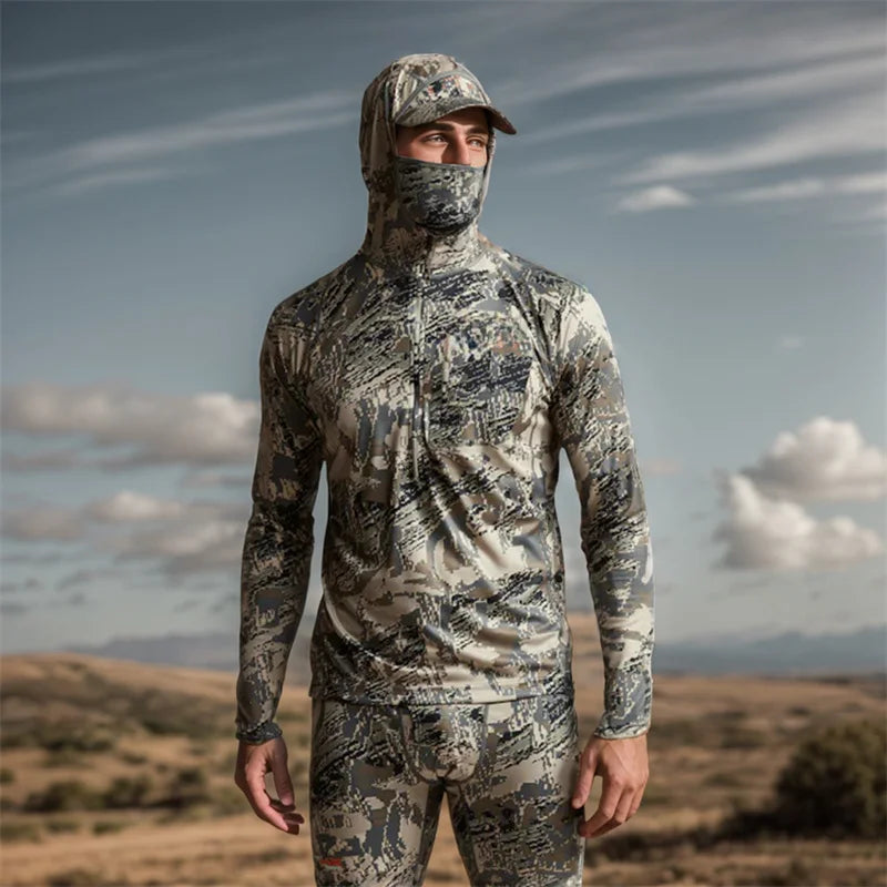 AINFAD Core Lightweight Hoodie - Technical Camouflage Base Layer with Integrated Face Mask for Hunting