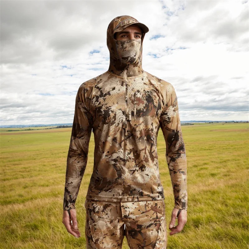 AINFAD Core Lightweight Hoodie - Technical Camouflage Base Layer with Integrated Face Mask for Hunting