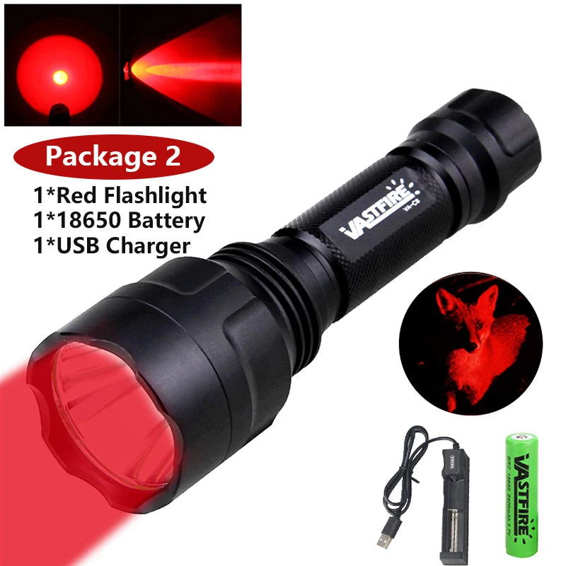 VASTFIRE C8 LED Hunting Flashlight - Multi-Color White/Green/Red Light with 18650 Battery for NZ Hunting
