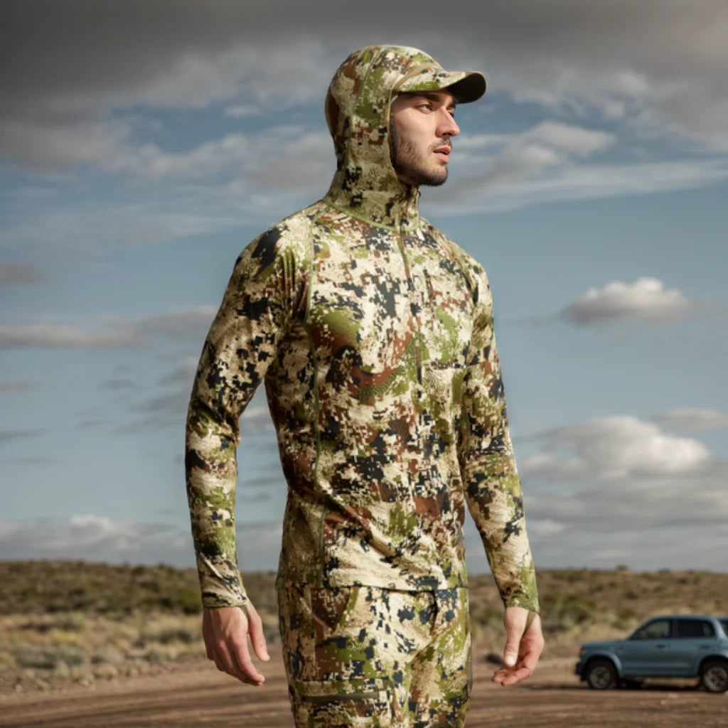 AINFAD Core Lightweight Hoodie - Technical Camouflage Base Layer with Integrated Face Mask for Hunting