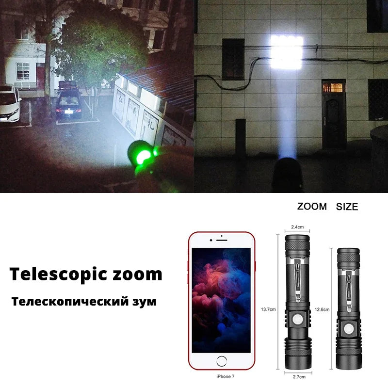 High-Power Zoomable LED Flashlight – Waterproof Rechargeable Camping Torch, 4 Lighting Modes
