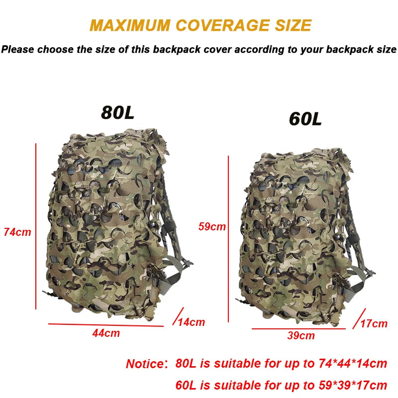 3D Camo Net Backpack Cover – Laser Cut Camouflage for Hunting & Paintball (60L/80L)