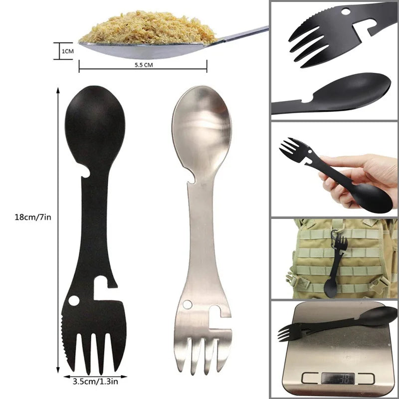 LISM 5-in-1 Camping Tableware Multi-Tool – Portable Stainless Steel Outdoor Eating Utensil