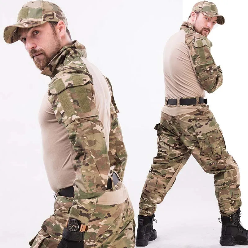 HAN WILD Combat Uniform +Pads Safari Tactical Pants Sport Climbing Uniform Camo Shirt Combat Shirts Hunting Clothes Men Camping