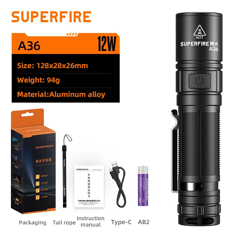 SUPERFIRE A36 LED Flashlight – 12W Rechargeable Torch with Magnetic Tail & Type-C Charging