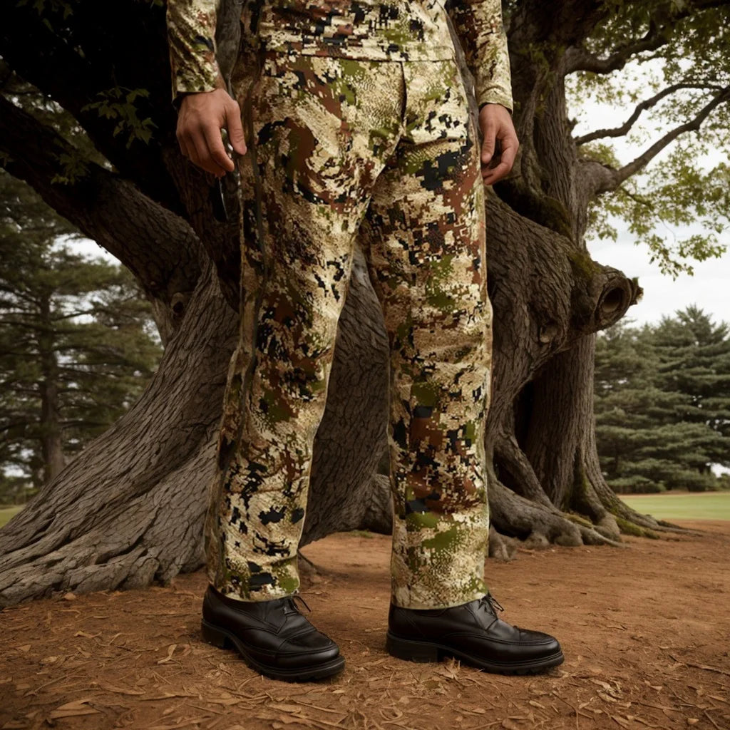 AINFAD Men's Dew Point Rain Pants - Windproof Camouflage Hunting Pants with Silent Waterproof Technology