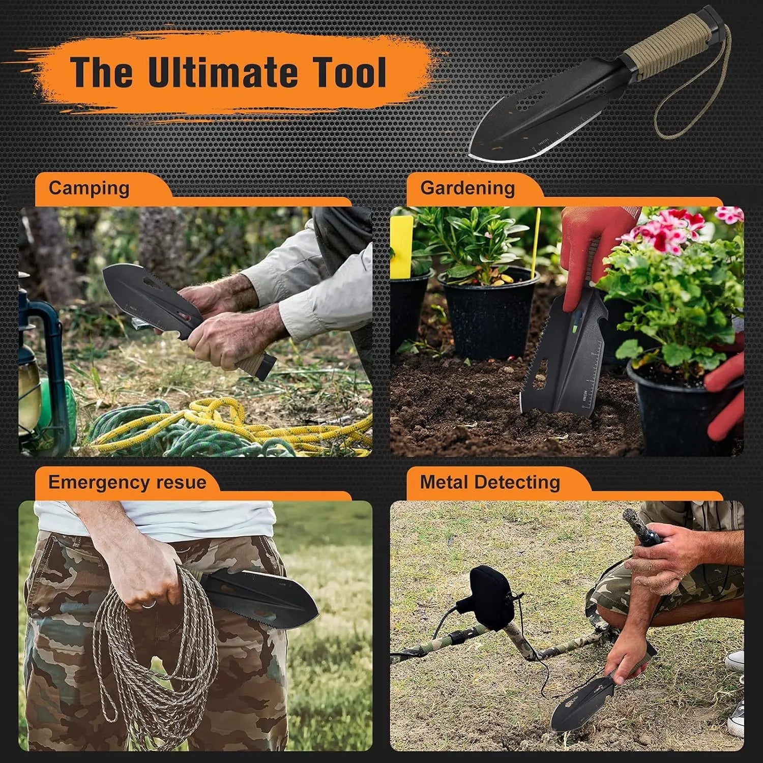 Stainless Steel Garden Trowel – Multi-Tool Camping Shovel with Paracord Handle and Pouch