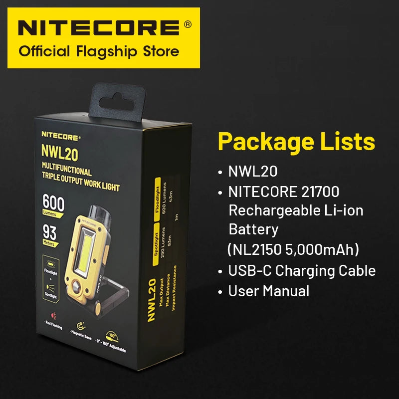NITECORE NWL20 USB-C Rechargeable Work Light 600lm Magnetic Outdoor Floodlight