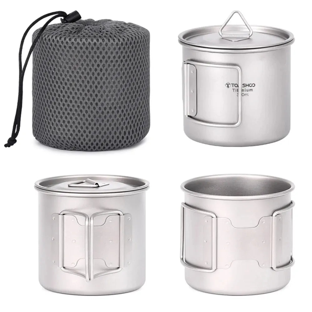 TOMSHOO Ultralight Titanium Cup Set – 2-Piece 450ml & 750ml Camping Mugs with Foldable Handles