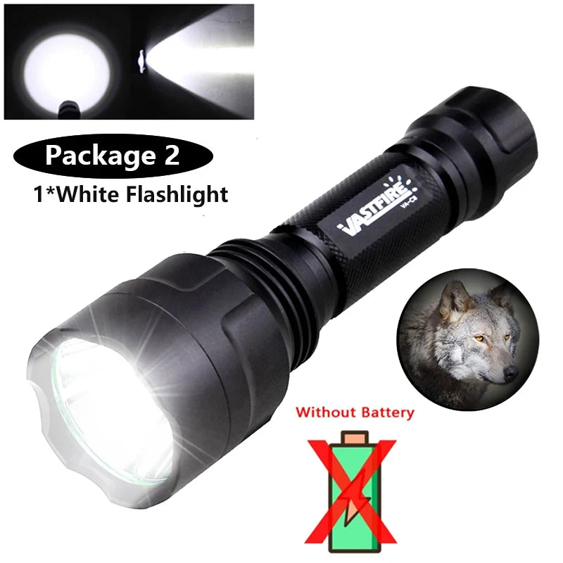 VASTFIRE C8 LED Hunting Flashlight - Multi-Color White/Green/Red Light with 18650 Battery for NZ Hunting