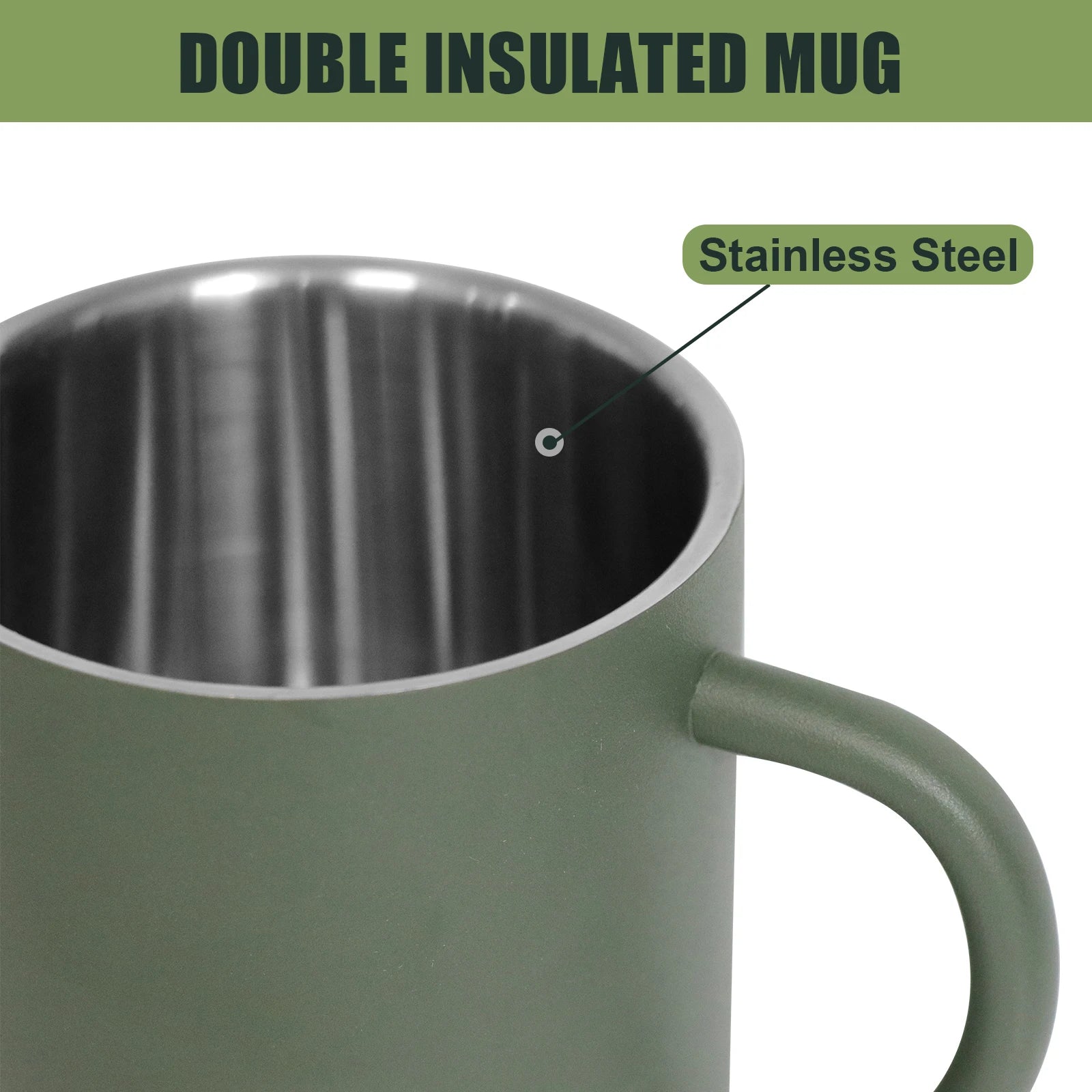 BZTAC Double Wall Stainless Steel Mug – 300/450ml Army Green Camping Cup with Handle