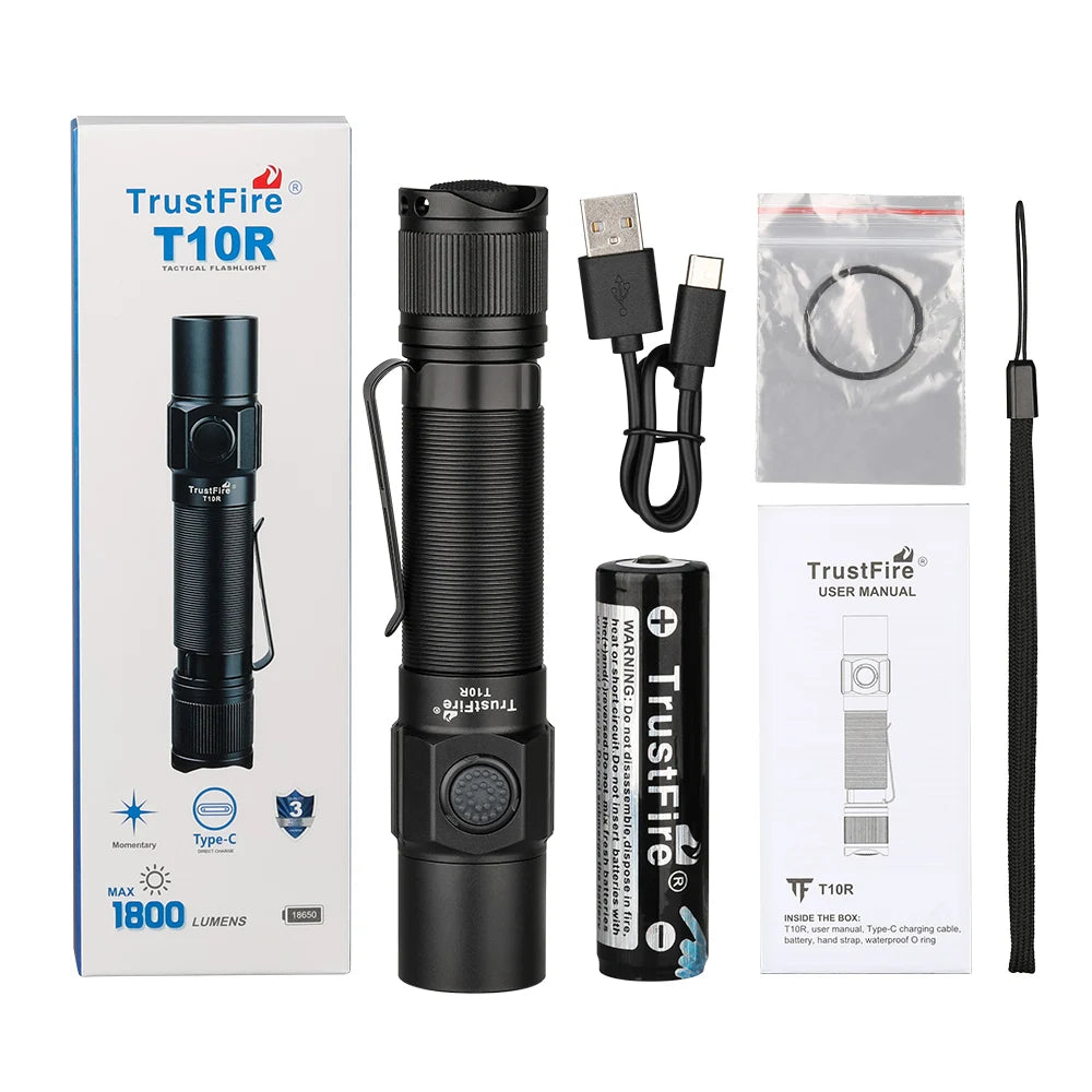 TRUSTFIRE T10R Tactical Flashlight – 1800 Lumens USB-C Rechargeable 18650 LED Torch for Outdoor Use