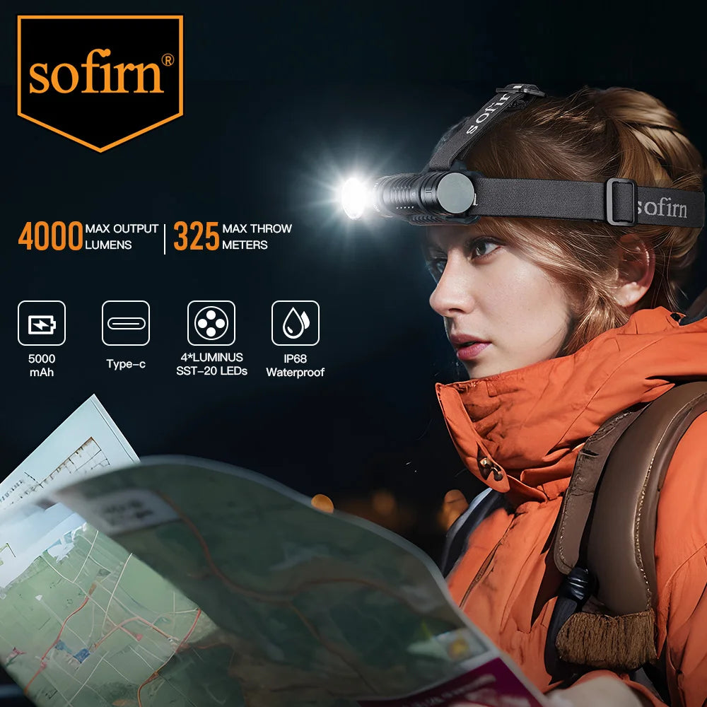 SOFIRN HS41 - 4000 Lumen Dual-Beam Rechargeable Headlamp with 21700 Battery