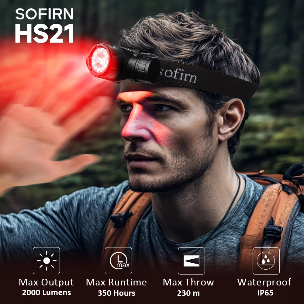 SOFIRN HS21 - 2000 Lumen Triple-Output Headlamp with Infrared Hand Wave Control