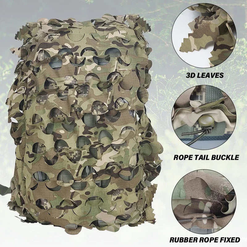 3D Camo Net Backpack Cover – Laser Cut Camouflage for Hunting & Paintball (60L/80L)