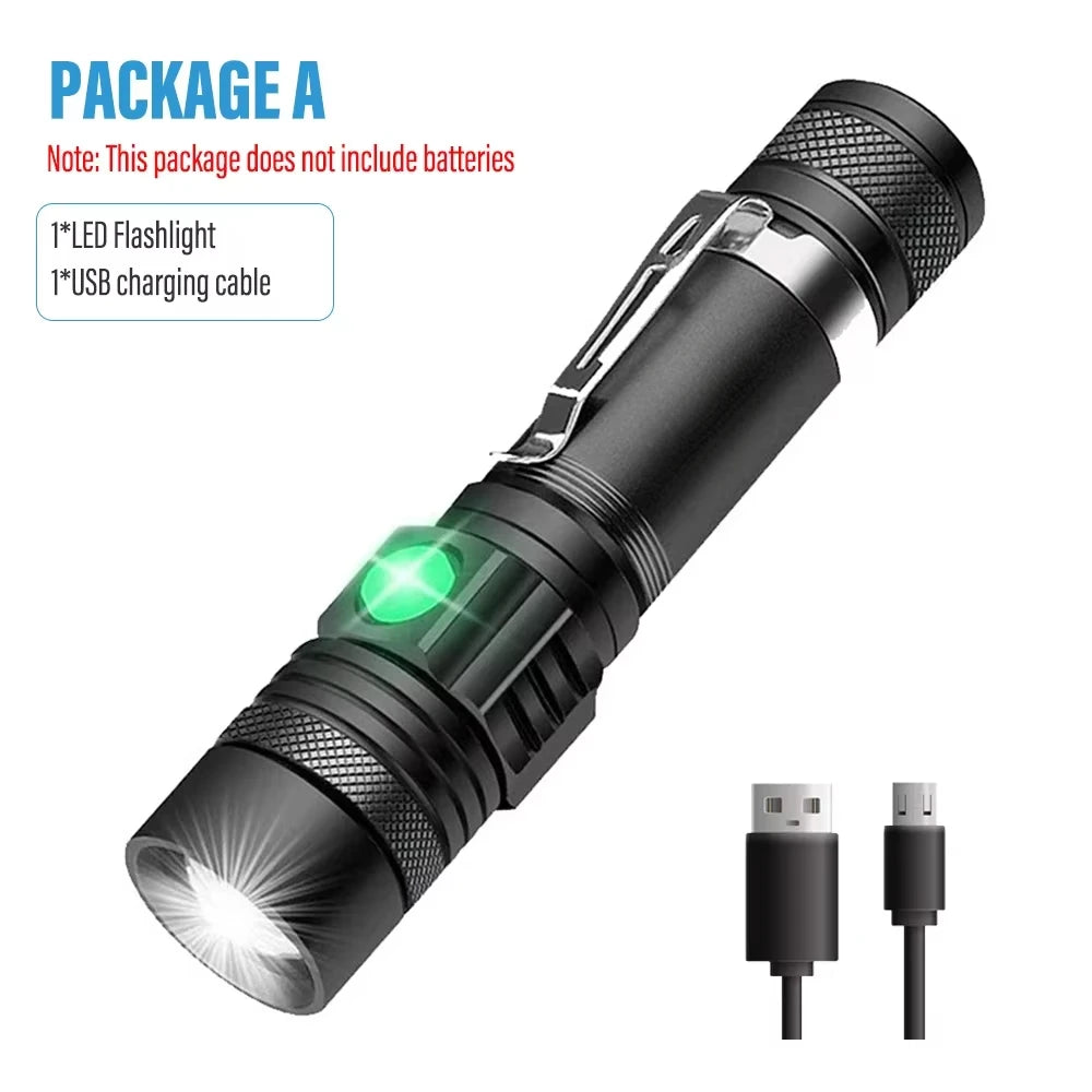 High-Power Zoomable LED Flashlight – Waterproof Rechargeable Camping Torch, 4 Lighting Modes
