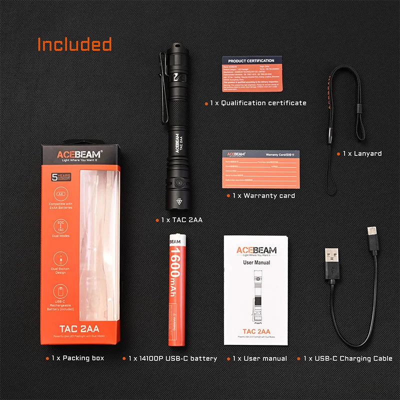 ACEBEAM TAC 2AA Rechargeable EDC Flashlight 1600LM