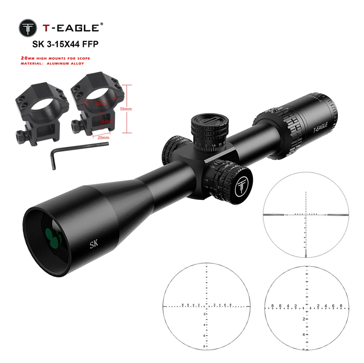 T-EAGLE SK 3-15×44 FFP Tactical Rifle Scope - First Focal Plane Illuminated Optic for Long Range Hunting