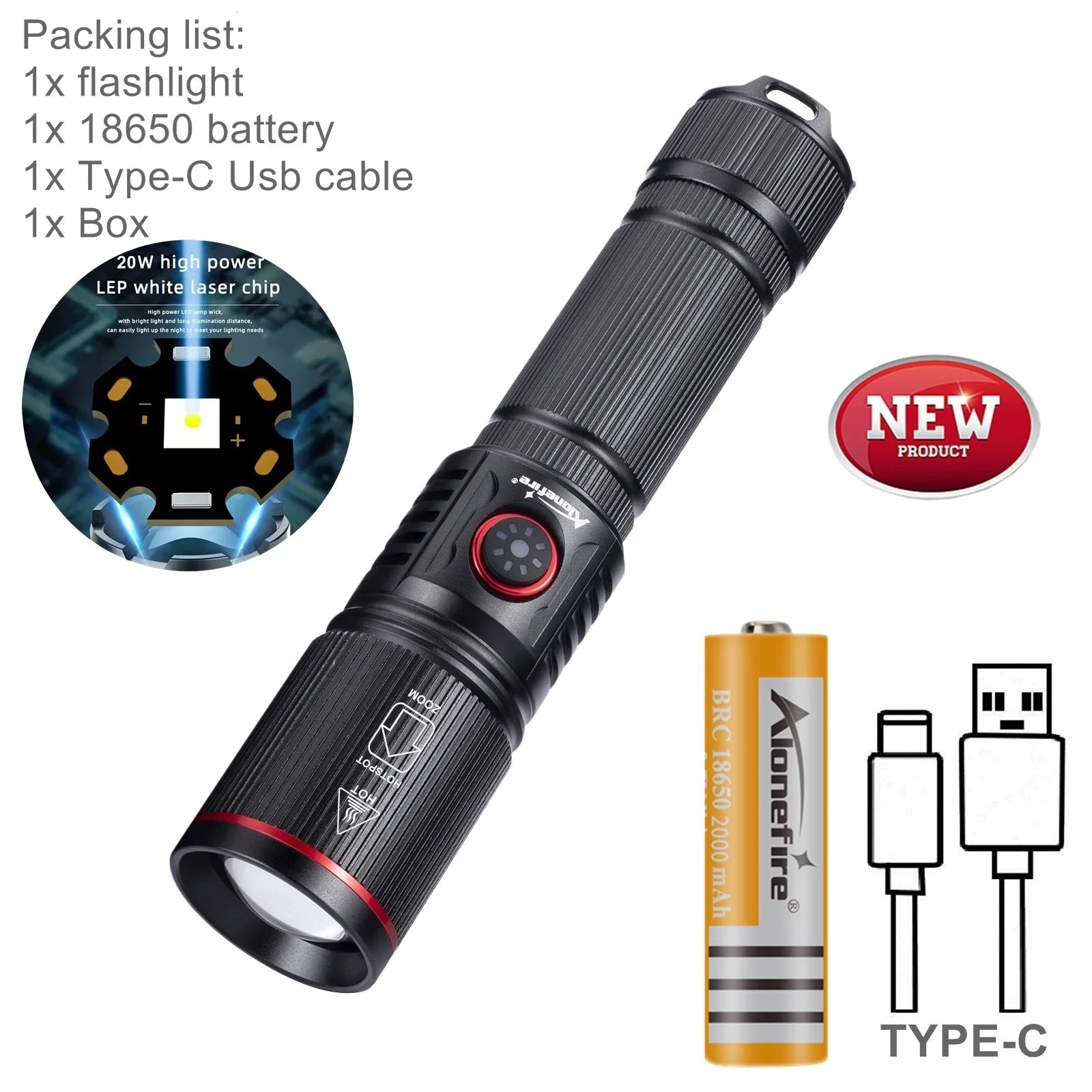 ALONEFIRE 20W Zoom LED Flashlight – USB Rechargeable High-Power Torch