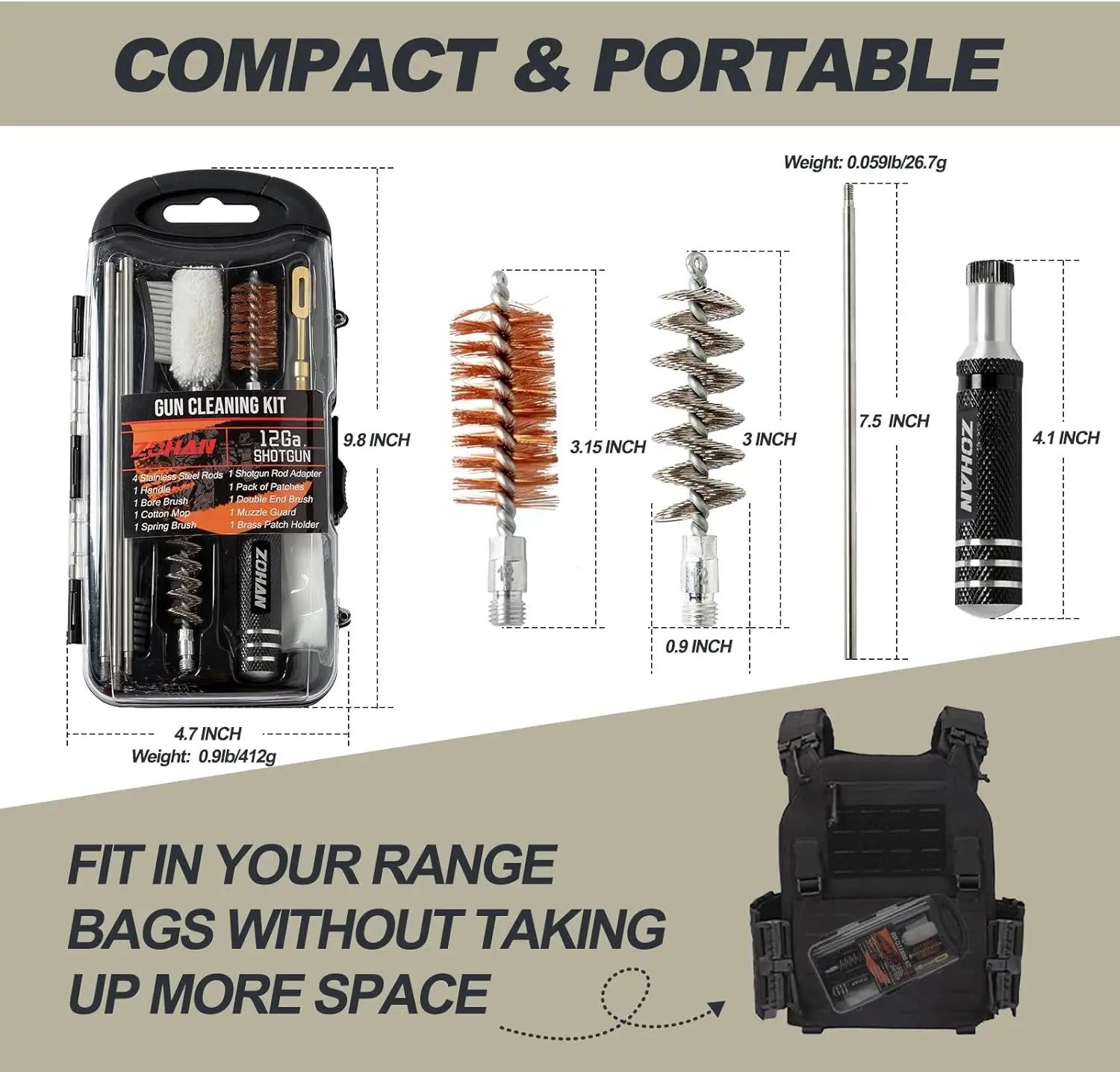 ZOHAN Universal Gun Cleaning Kit for 12 Gauge Shotgun – Portable Barrel Cleaner Tool