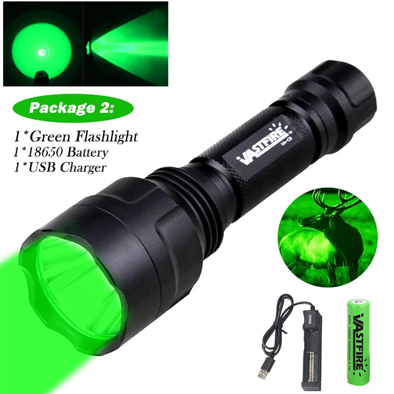 VASTFIRE C8 LED Hunting Flashlight - Multi-Color White/Green/Red Light with 18650 Battery for NZ Hunting