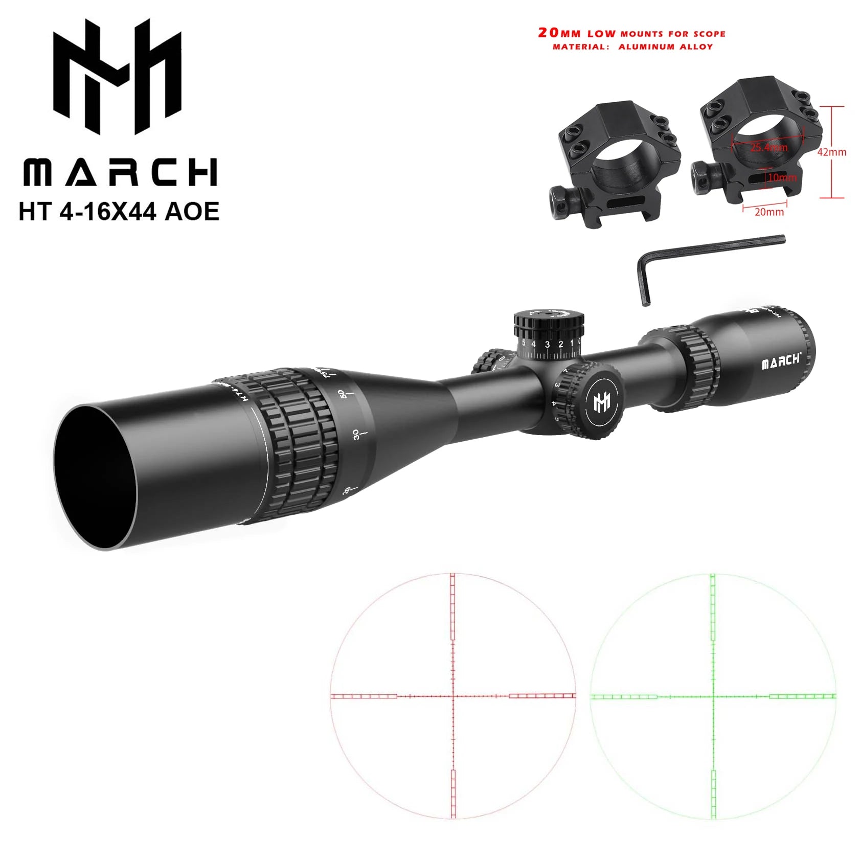 MARCH HT 4-16×44 AOE Tactical Rifle Scope - RGB Illuminated Variable Optic for Precision Hunting