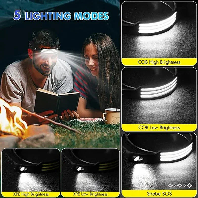 KDULIT COB LED Sensor Headlamp – USB Rechargeable 1200mAh 5-Mode Waterproof Flashlight