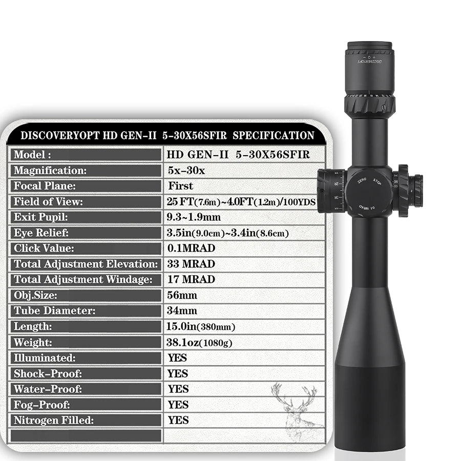 DISCOVERYOPT HD GEN-II 5-30×56 SFIR FFP Rifle Scope - Professional Long Range Optic with 34mm Tube