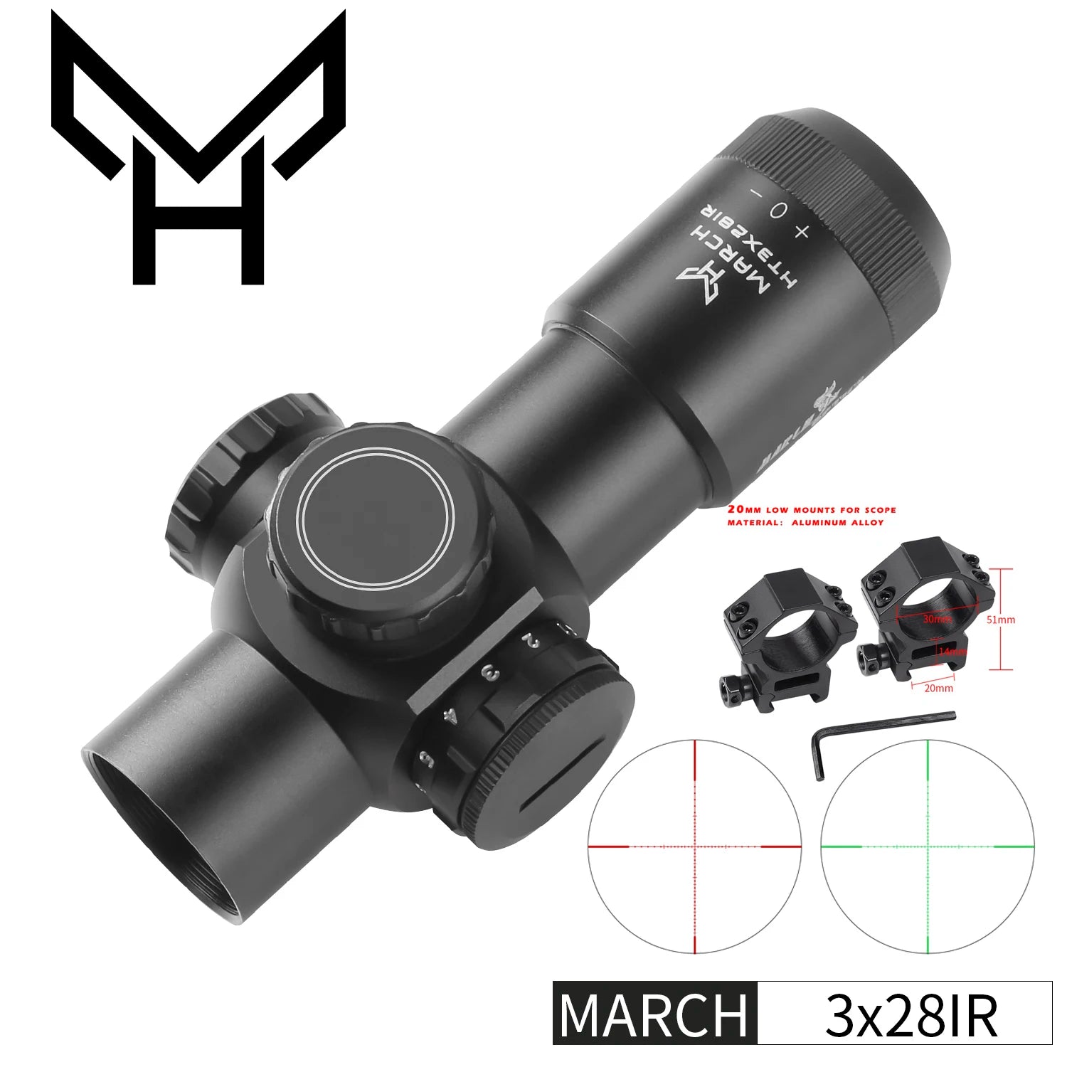 MARCH H3×28 IR Fixed Rifle Scope - Compact Illuminated Optic with Mounts for CQB & Hunting