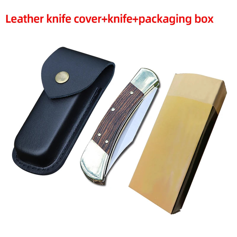 Outdoor Folding Knife – Stainless Steel Blade with Brass & Mahogany Handle for Hunting & Camping