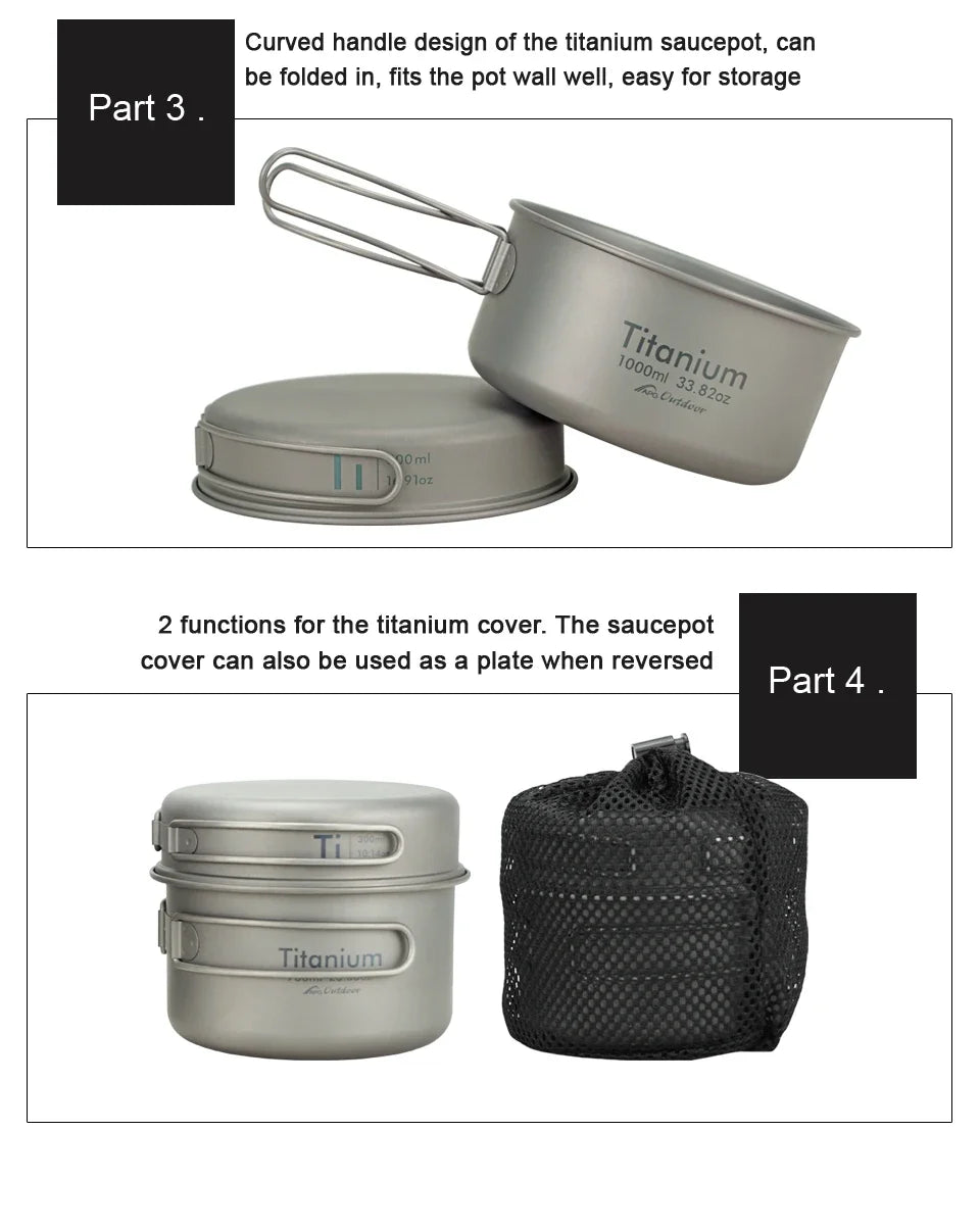 APG Ultralight Titanium Camping Cookware Set – Lightweight Folding Handle Pan & Bowl