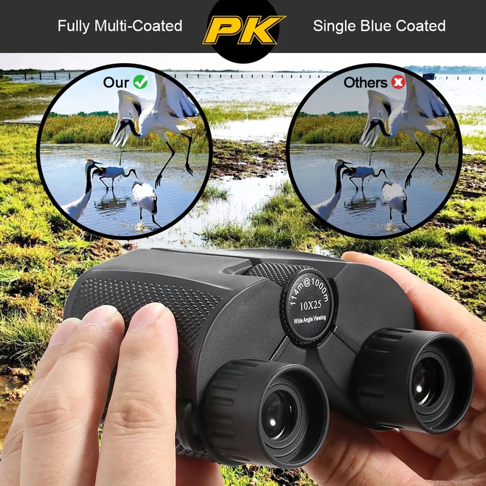 10x25 Binoculars HD Mini Portable Telescope BAK4 FMC Coated for Hunting & Outdoors