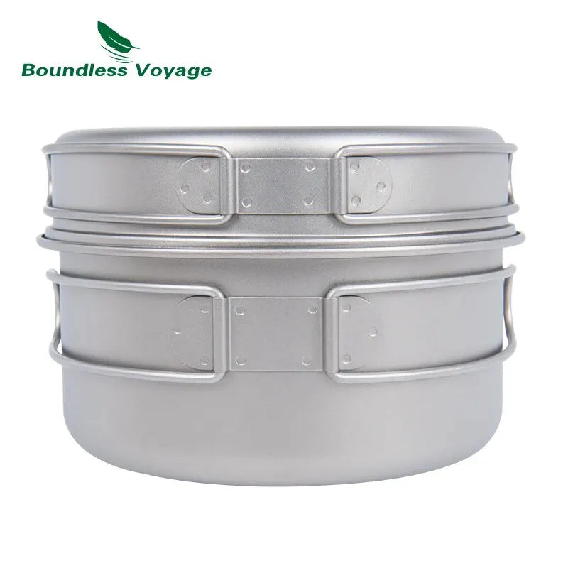 BOUNDLESS VOYAGE Titanium Pot & Pan Set – Lightweight Folding Handle Camping Cookware