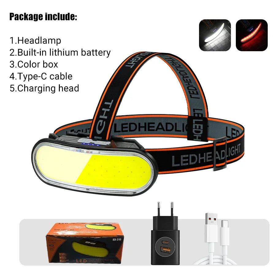 KDULIT 1300LM COB LED Headlamp – USB Rechargeable 5-Mode Waterproof Headlight for Camping & Fishing