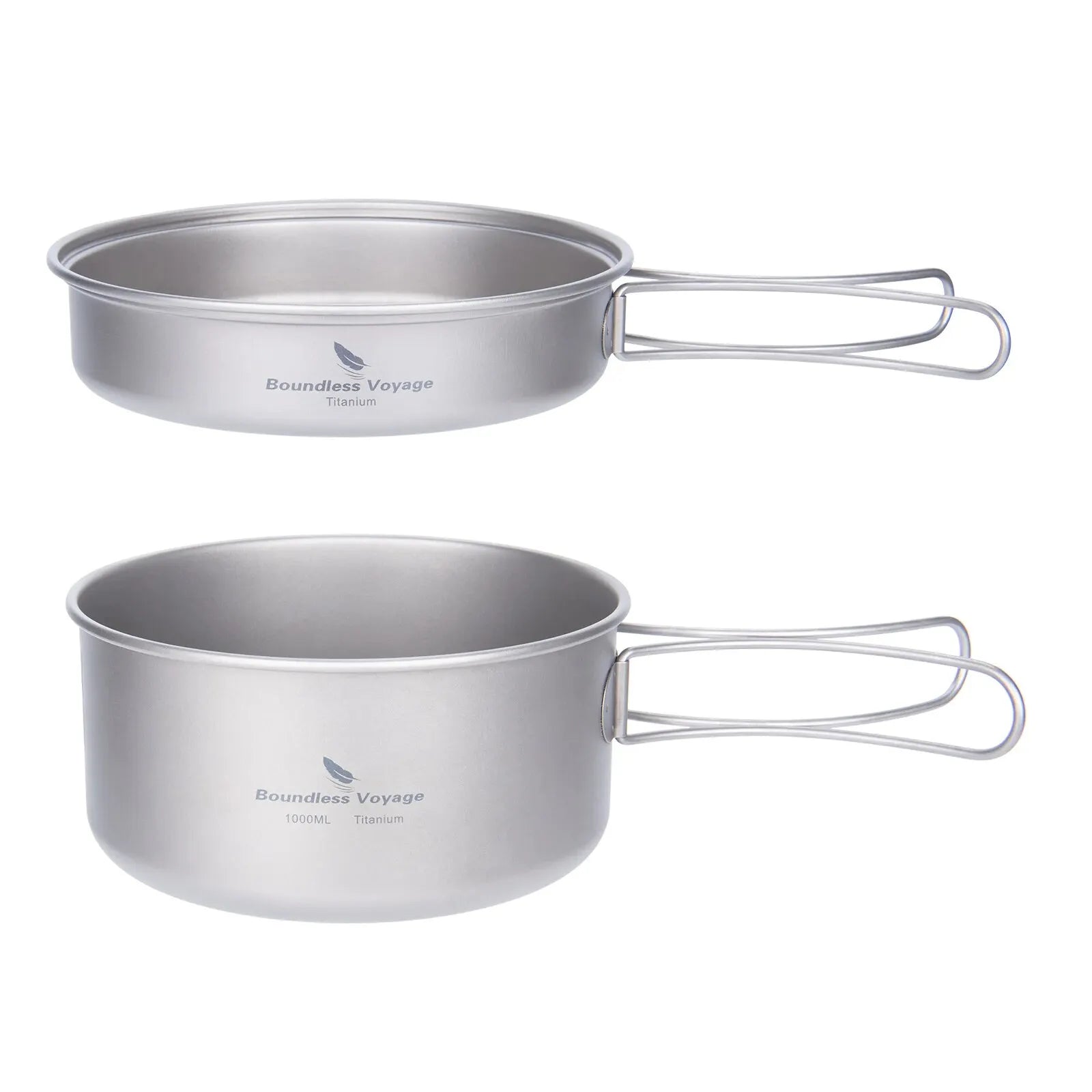 BOUNDLESS VOYAGE Titanium Pot & Pan Set – Lightweight Folding Handle Camping Cookware
