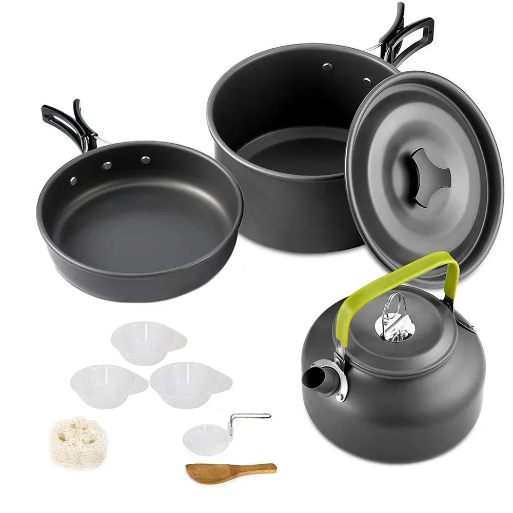 Camping Cookware Set – Non-Stick Pots, Pan & Teapot for 2-3 People, Assorted Set for Hunting