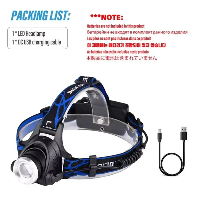Rechargeable LED Headlamp – Super Bright, Zoomable Fishing & Camping Headlight, Telescopic Zoom