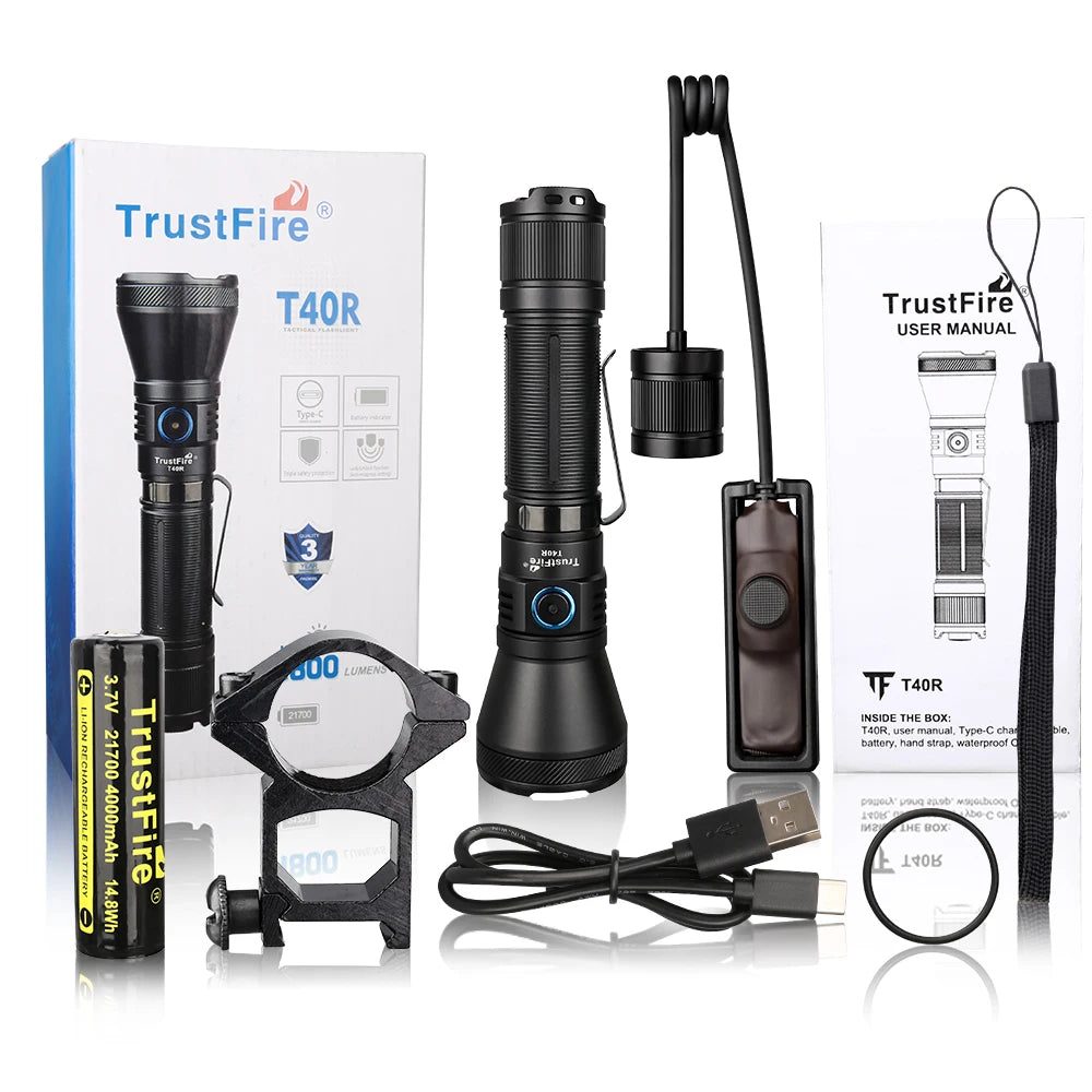 TRUSTFIRE T40R Tactical Rechargeable Flashlight – 1800LM, 550m Beam, USB-C, IP68 Waterproof