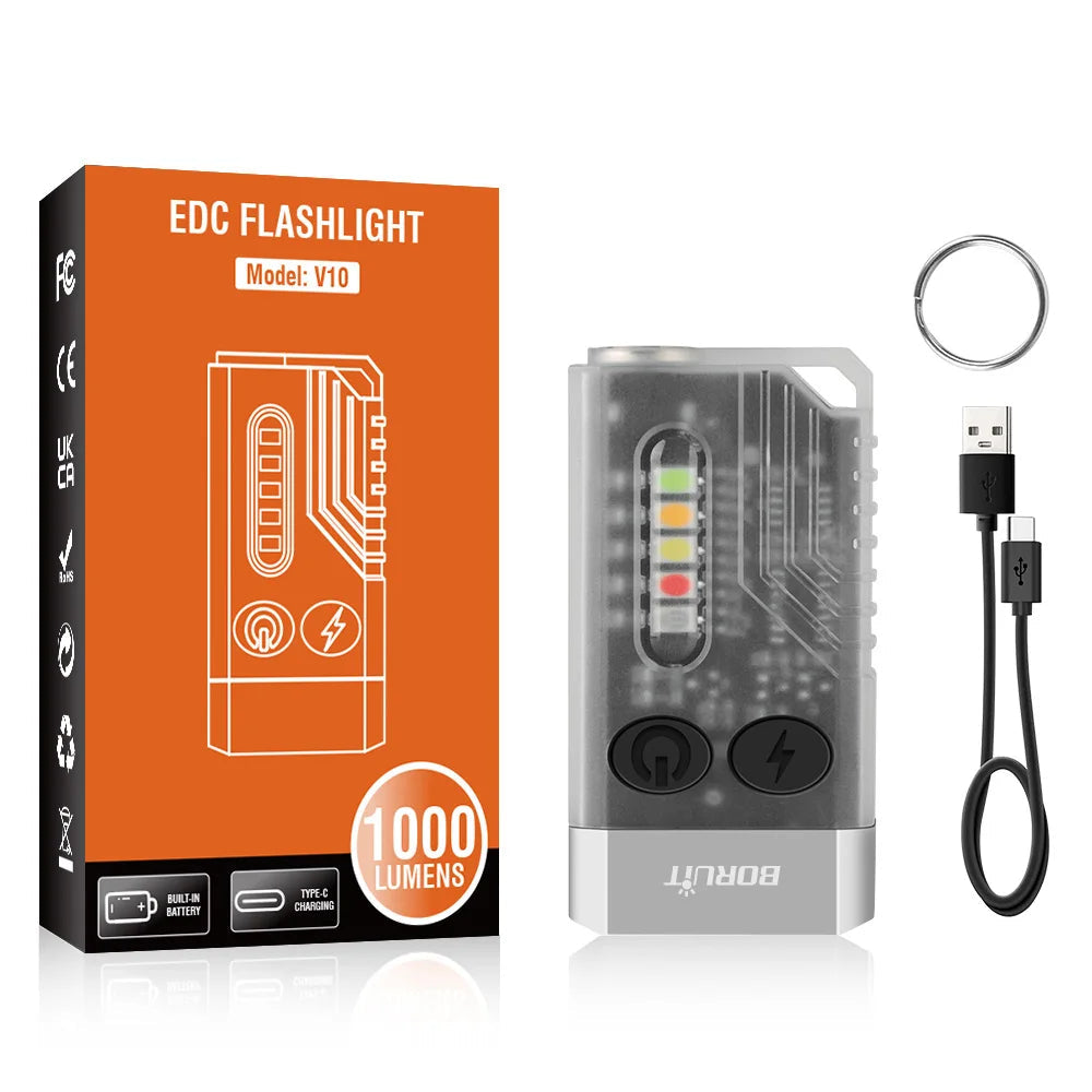 BORUIT V10 USB-C Rechargeable Keychain Flashlight 1000lm Mini Torch with UV and Magnet
