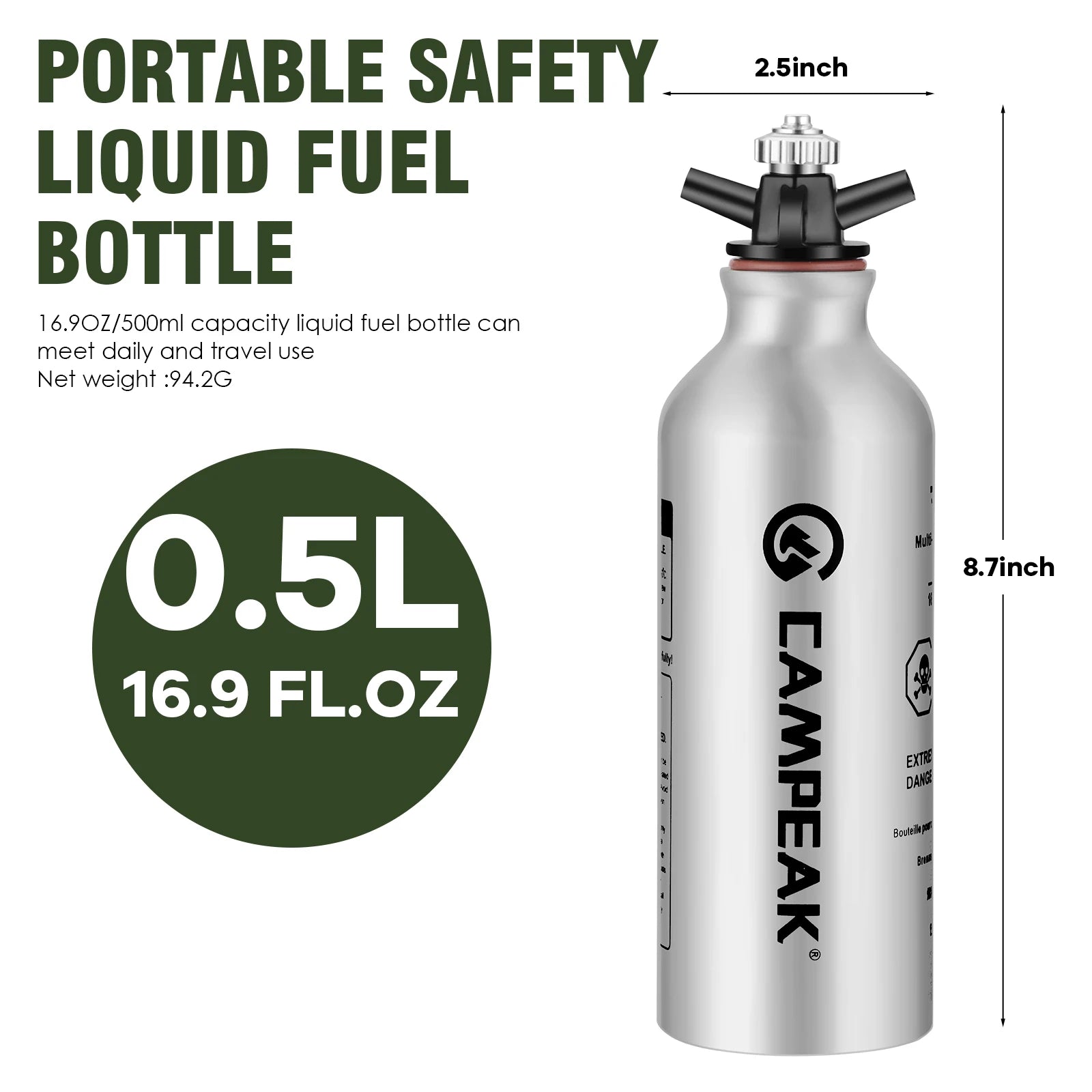 CAMPEAK Portable Liquid Fuel Bottle – Aluminium Storage for Gasoline & Kerosene (0.5L / 1L)